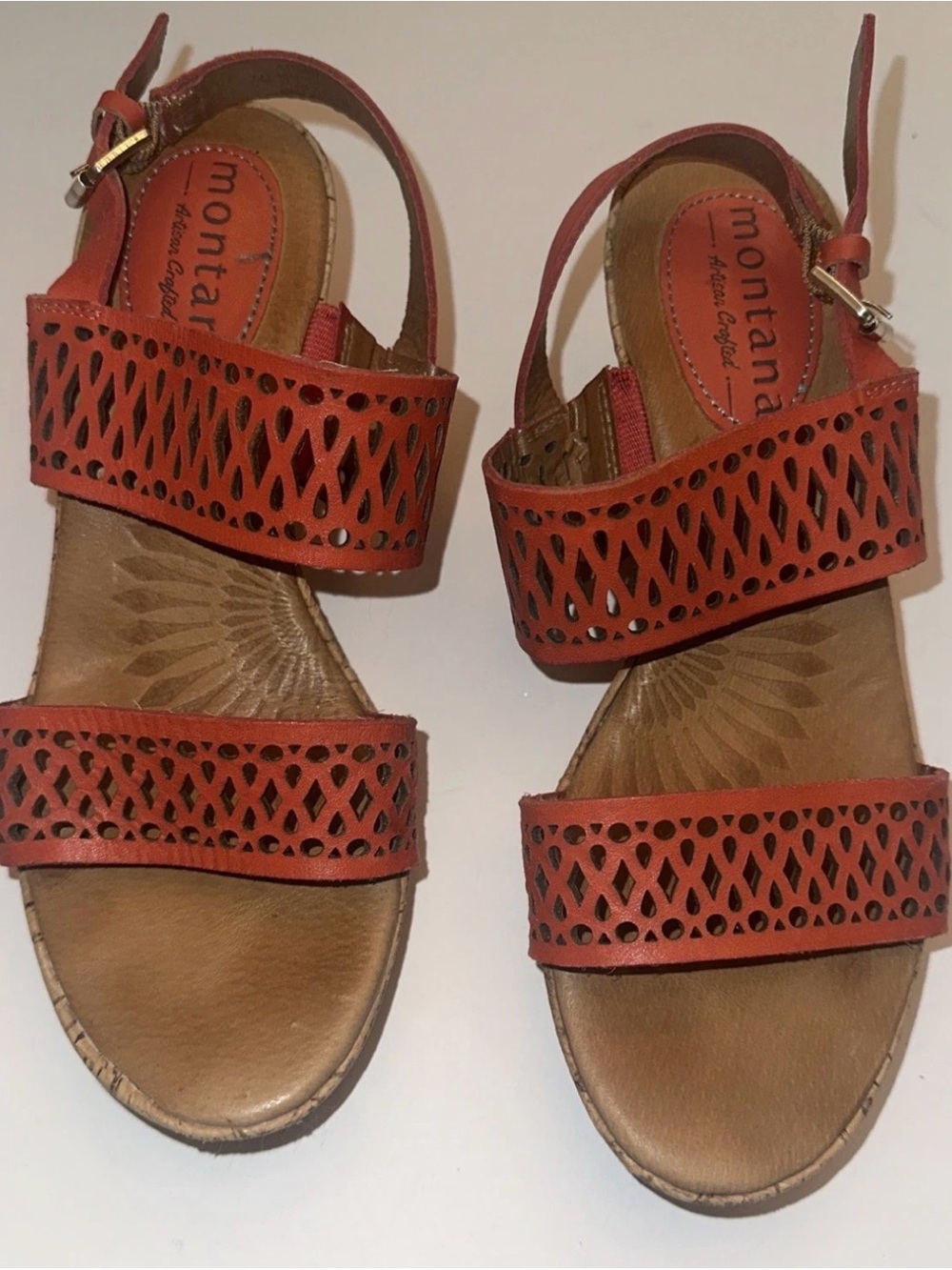 Montana Artisan Crafted Cork Wedge Leather Red Orange Sandal Shoes Womens 7 M